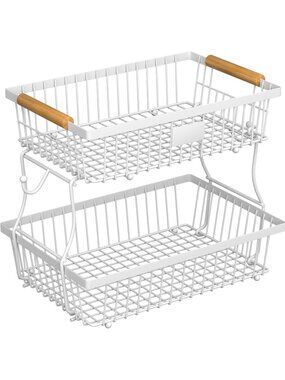 New White 2 Tier Metal Fruit Bread Basket 2 Banana Hangers Wood Handle Stand